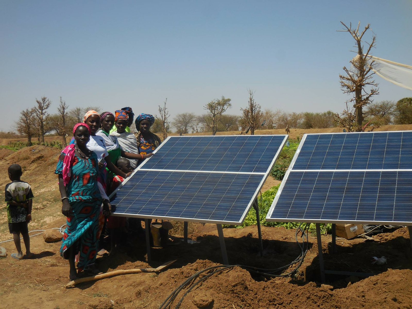 Solar panels powering irrigation for women's vegetable garden